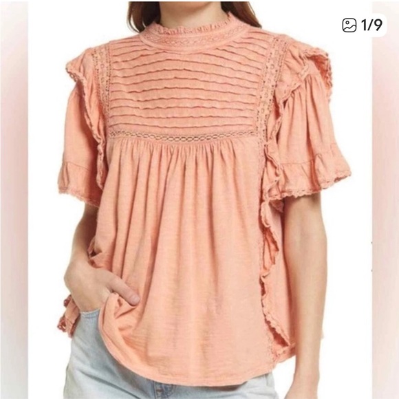 Free People Tops - Free People Peach Ruffle Lace Short Sleeve Blouse